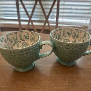 2 PFALTZGRAFF Venice STONEWARE 12oz Mug Cup TURQUOISE BLUE w/ SEASHELLS Beach